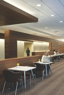 Bellevue Medical Center, like many new healthcare settings, is modeled on a hospitality environment: warm and welcoming, incorporating a modern vocabulary comprising vernacular rectilinear shapes made of natural materials including stone, wood, metal, and glass while using simple, linear forms that tie the building to the surrounding landscape. Photo: Farshid Assassi, courtesy HDR Bellevue Medical Center, like many new healthcare settings, is modeled on a hospitality environment: warm and welcoming, incorporating a modern vocabulary comprising vernacular rectilinear shapes made of natural materials including stone, wood, metal, and glass while using simple, linear forms that tie the building to the surrounding landscape. Photo: Farshid Assassi, courtesy HDR