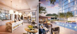 Two Side By Side Images Illustrate Renderings For A New Healthy Grab And Go Bistro And Expansive Pool Deck And Lounge At Uptown Oaks At The Hallmark, A Senior Living Community In Houston, Tx Two Side By Side Images Illustrate Renderings For A New Healthy Grab And Go Bistro And Expansive Pool Deck And Lounge At Uptown Oaks At The Hallmark, A Senior Living Community In Houston, Tx