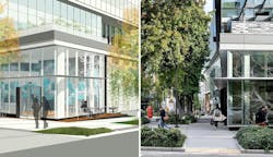 Left: Design drawing of digitally printed glass concept. Image: Graphite Design Group Right: Final installation highlighting area of tree graphic on glazing Left: Design drawing of digitally printed glass concept. Image: Graphite Design Group Right: Final installation highlighting area of tree graphic on glazing