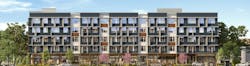 Multifamily development rendering with front view of building Multifamily development rendering with front view of building
