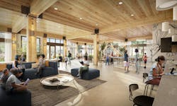 Mass Timber multifamily lobby rendering Mass Timber multifamily lobby rendering