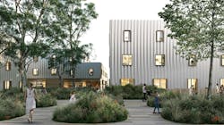 MycoComposite building facade at The Phoenix affordable housing development in California