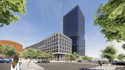 Residential & Retail. View from SW corner of Mulberry and Center Streets looking North. &copy; SOM | Photo courtesy of NJPAC