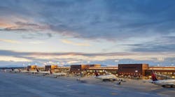 SLC International Airport exterior at sunset