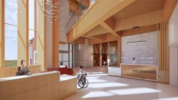 The Quinte Health Prince Edward County Memorial Hospital in Picton, Ontario, Canada, will be the first all mass timber acute care hospital in North America. Rendering courtesy HDR