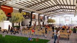 Dink & Dine is a &ldquo;sportstainment&rdquo; venue that combines culinary offerings with indoor and outdoor pickleball courts. Rendering courtesy AO