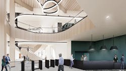 The State of Michigan's public health lab demonstrates sustainability by utilizing geothermal wells and electrification. The flow of people, visitors, lab workers, and samples is meticulously planned to ensure efficiency and safety. Energy efficiency strategies include ice storage, geothermal heating/cooling, cross-laminated timber envelope backup, and advanced building control systems.