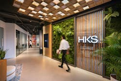 HKS Singapore Office, Singapore, Asia. Visitors are immersed in Singapore&rsquo;s vibrant heritage in the welcoming lounge, featuring Peranakan tiles and a lush green wall