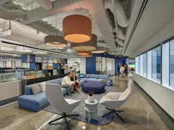 Turner Construction Offices, Philadelphia, Pa. Turner&rsquo;s open collaboration area is located at a pivotal corner of the building and is convenient to the open office area as well as connecting one side of the office floor with the other