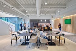 Confidential Financial Organization Headquarters, Raleigh, N.C. A typical floor social hub provides alternate work points and posture variety while fostering social connection