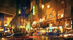 City street at night with colorful lights,painting. City street at night with colorful lights,illustration,digital painting