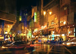 City street at night with colorful lights,painting. City street at night with colorful lights,illustration,digital painting