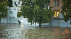 Fire brigade have been putting up metal flood barriers. Flood in Prague, Czech Republic.