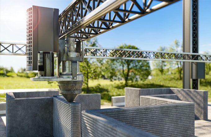 3d printing single-family house with concrete. New technology house building using a modern CNC machine