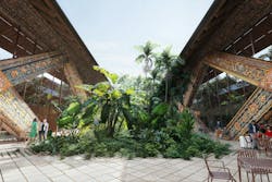 Gelephu International Airport's Forest Spine courtyard. Rendering &copy; BIG