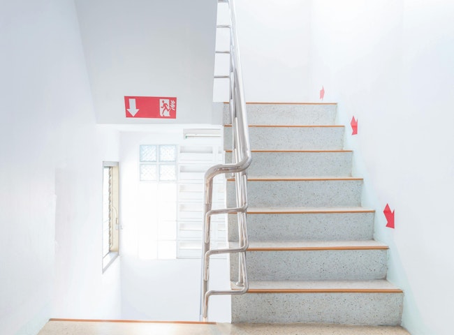 Stairwell fire escape in a modern building.