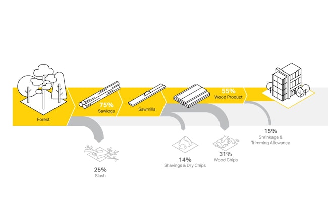 Only about 35% of a harvested tree makes it to the building stage. The harvesting residue, called slash, re-releases biogenic carbon.