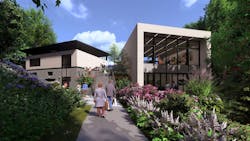 View from the site's accessible path, back to the ticketing and administration building (left) and the Clarissa S. Nye Visitor Center (right). Courtesy GWWO