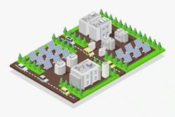A graphic illustration of microgrid working in conjunction with solar power. When using solar as the primary power source at a microgrid, it should be combined with a battery energy electric system to ensure continuous power availability throughout the day. Graphic courtesy Kimley-Horn