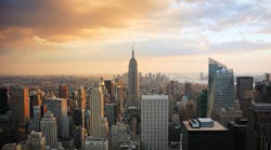 New York City skyline aerial view at dusk.