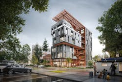 Architectural rendering of single-stair multifamily building Architectural rendering of single-stair multifamily building