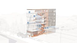 Prioritizing safe evacuation, the open-air stair ensures a smoke-free escape, while a compartmentalized layout slows fire spread. An occupant evacuation elevator (OEE) and street-accessible areas of refuge improve rescue time for residents and first responders. Rendering courtesy Page Prioritizing safe evacuation, the open-air stair ensures a smoke-free escape, while a compartmentalized layout slows fire spread. An occupant evacuation elevator (OEE) and street-accessible areas of refuge improve rescue time for residents and first responders. Rendering courtesy Page