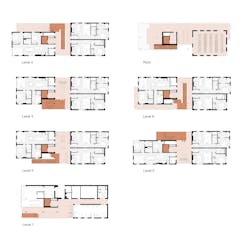 The staircase progression creates a series of vertical neighborhoods, shaping a dynamic journey through the central canyon and culminating in a shared rooftop deck with panoramic views of the Denver skyline. Rendering courtesy Page