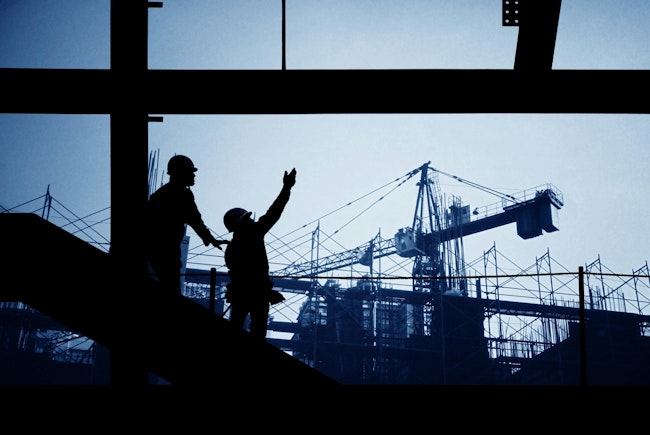 Construction site silhouette people, business, crane, design by architecture. Construction site silhouette with crane and workers.