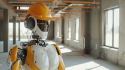 Robot with Hard Hat in Construction Site generated with AI. a view of Robot with Hard Hat in Construction Site. AI image illustration. Robot with Hard Hat in Construction Site generated with AI. a view of Robot with Hard Hat in Construction Site. AI image illustration.