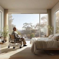 This scenario imagines a cozy personal space for older patients, featuring large windows with nature views and abundant natural light for post-surgery recovery. (Image generated by Midjourney). AI rendering courtesy CannonDesign This scenario imagines a cozy personal space for older patients, featuring large windows with nature views and abundant natural light for post-surgery recovery. (Image generated by Midjourney). AI rendering courtesy CannonDesign
