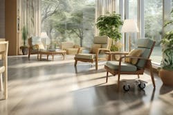 This depicts open-plan older adult living areas with a mid-century aesthetic, bright and far removed from traditional institutional designs. (Image generated by Midjourney). AI rendering courtesy CannonDesign