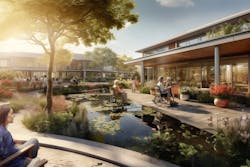 This imagines a courtyard that harmoniously blends lively social spaces with quiet, nature-themed retreats for intergenerational activities. (Image generated by Midjourney). AI rendering courtesy CannonDesign
