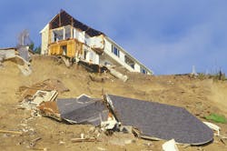A home in Pacific Palisades partially fallen down a hill as a result of the Northridge earthquake in 1994
