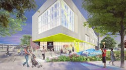 The front area of The FIeldhouse+ will include a cafe and terraced seating.