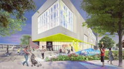 The front area of The FIeldhouse+ will include a cafe and terraced seating.