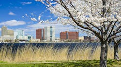 Cambridge, Massachusetts skyline in the spring.