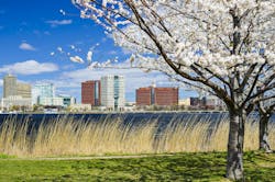 Cambridge, Massachusetts skyline in the spring.