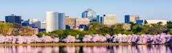 Washington, D. C. Cityscape. at the Tidal Basin during cherry blossom season with the Rosslyn business distict citycape.