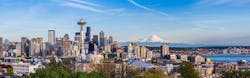 Panorama view of Seattle downtown skyline and Mt. Rainier, Washington. Panorama view of Seattle downtown skyline and Mt. Rainier, Washington.