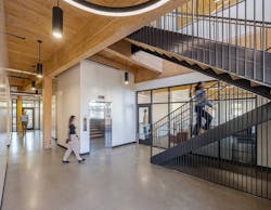 A hallway in the University Services Building at Chico State showcases mass timber interiors.