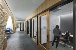 Enclosed collaboration space at the Burnett School of Medicine, Texas Christian University. Photo courtesy CO Architects
