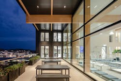 The timber elements are visible from the Sky Lounge terrace at EDGE Suedkreuz. Photo courtesy Buro Happold The timber elements are visible from the Sky Lounge terrace at EDGE Suedkreuz. Photo courtesy Buro Happold